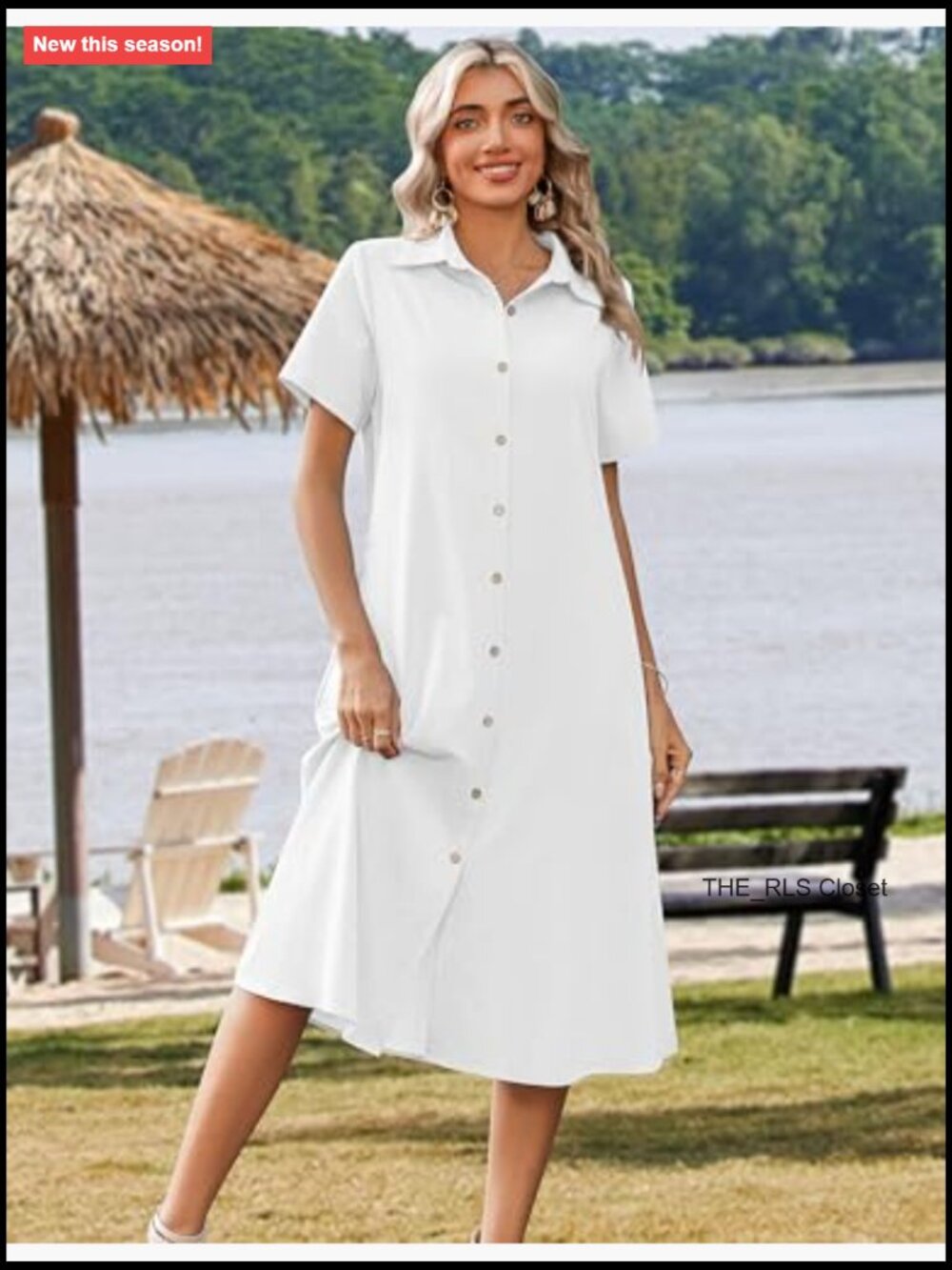 Button Down Shirt Dress A-Line Midi Sundress Short Sleeve Travel Cover Up - Picture 2 of 7